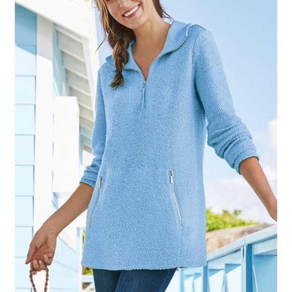 Soft Surroundings Sweaters - Soft Surroundings Westport 1/4 Zip Boucle Pullover Sweater Light Blue - S Petite